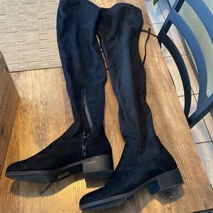 Black satin over the knee boots